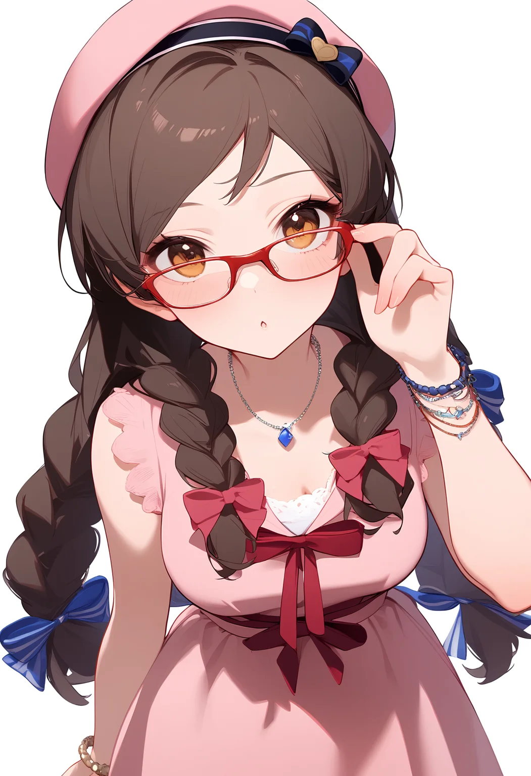 1girl,beret,blush,kitazawa shiho,looking at viewer,twin braids,bracelet,necklace,pink dress,solo,adjusting eyewear,bespectacled,white background,bow,glasses,simple background,<lora:a31_char_new_kitazawa_shiho-000018:1>masterpiece, best quality, absurdres<lora:a31_style_koni-000010:0.8>