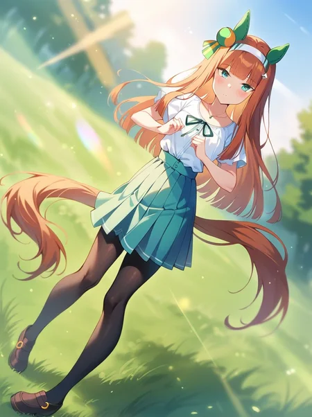 masterpiece, best quality,
silence suzuka \(umamusume\), 1girl, horse ears, horse tail, full body, green ear covers, black pantyhose, looking at viewer, standing, brown loafers, short sleeves, hime cut, closed mouth, collarbone, light blue pleated skirt, white blouse, green neck ribbon, white hairband, casual, blurry background, blurry, blush, shirt tucked in,
cowboy shot,light rays,lens flare,light particles,dynamic angle,outdoor, grassland,
 <lora:SDXL_silence_suzuka_v1.0:0.8>