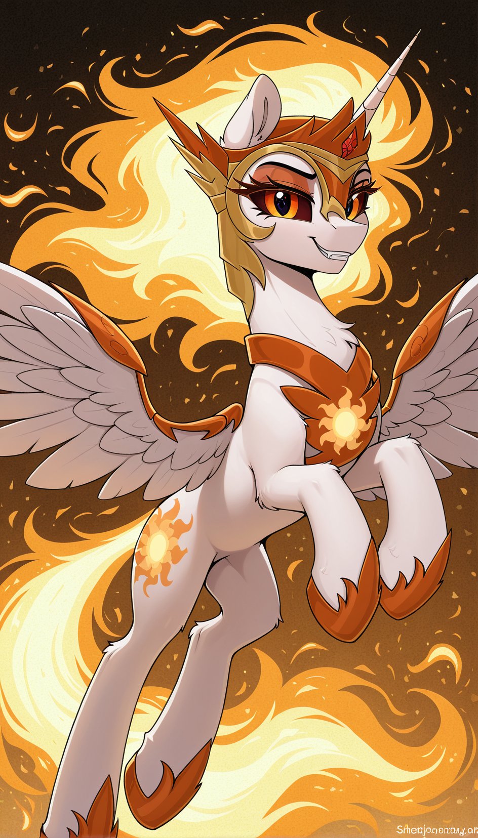 resolution, masterpiece, high resolution, , my little pony, friendship is magic, wild, , abstract background, , Female Daybreaker,  long body, white body, bright orange eyes with dark eyelashes, fiery mane and tail, wings decorated with white feathers with gold and orange inserts, golden headdress, crown with a red stone in the middle, golden jewelry, armor with the image of the sun, white horn<lora:Daybreaker:1.0> on the ground, holds flowers with hooves, presses chest, cheerful, happy,