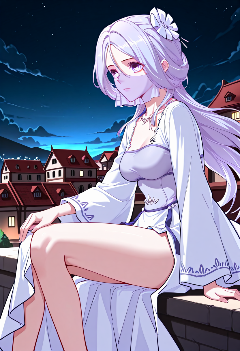Chu_Qingcheng_IL,1girl,long purple hair,wavy hair,Soft wavy strands,hair ornament,parted bangs,purple eyes,hair between eyes,necklace,medium breasts,soft light purple veil,white dress,layered dress,pearl accents,high slit dress,wide sleeves,ornamental belt,waist gems,<lora:Chu_Qingcheng_IL:1>,
(Character),score_9, score_8_up, score_7_up, score_6_up, source_anime, masterpiece, best quality, absurdres, highres, newest, anime coloring <break> 1girl, solo, sitting, on wall, from side, town, night sky, cloud