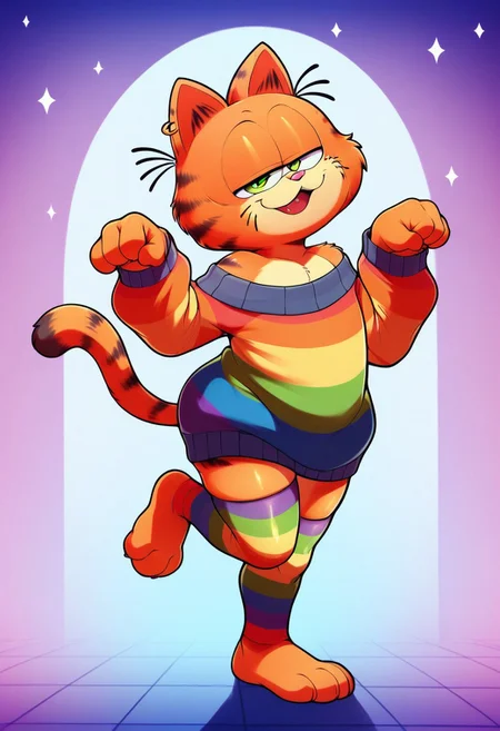 score_9, score_8_up, score_7_up, solo focus, male furry, catboy, furry male, pink nose, Garfield, garfield the cat, whiskers, solo, 1boy, tail, orange fur, orange skin, cat ears, short hair, no humans, green eyes, thighhighs, long shirt, bottomless, flat chested, wide hips, rainbow sweater dress, (oversized sweater:1.5), off shoulder, (rainbow stripes:1.2), striped stockings, wide sleeves, long sleeves, sleeves past wrists, slightly chubby, curvy, masterpiece, extreme detail, highest detail, gay, sparkle, glitter, half-closed eyes, flirty, ear ring, smug, eyelids, open smile, open mouth, tongue, head tilt, looking at viewer, dancing, paw pose, raised arms, on one leg, knock-kneed, side view, big butt, raised tail, cocked hip, psychedelic background, rainbow colors, nightclub, dancefloor, full-length portrait, background crowd, size difference, by sssonic2, colorful, RainbowCartoony, zPDXL3, zPDXLxxx, zPDXLrl,