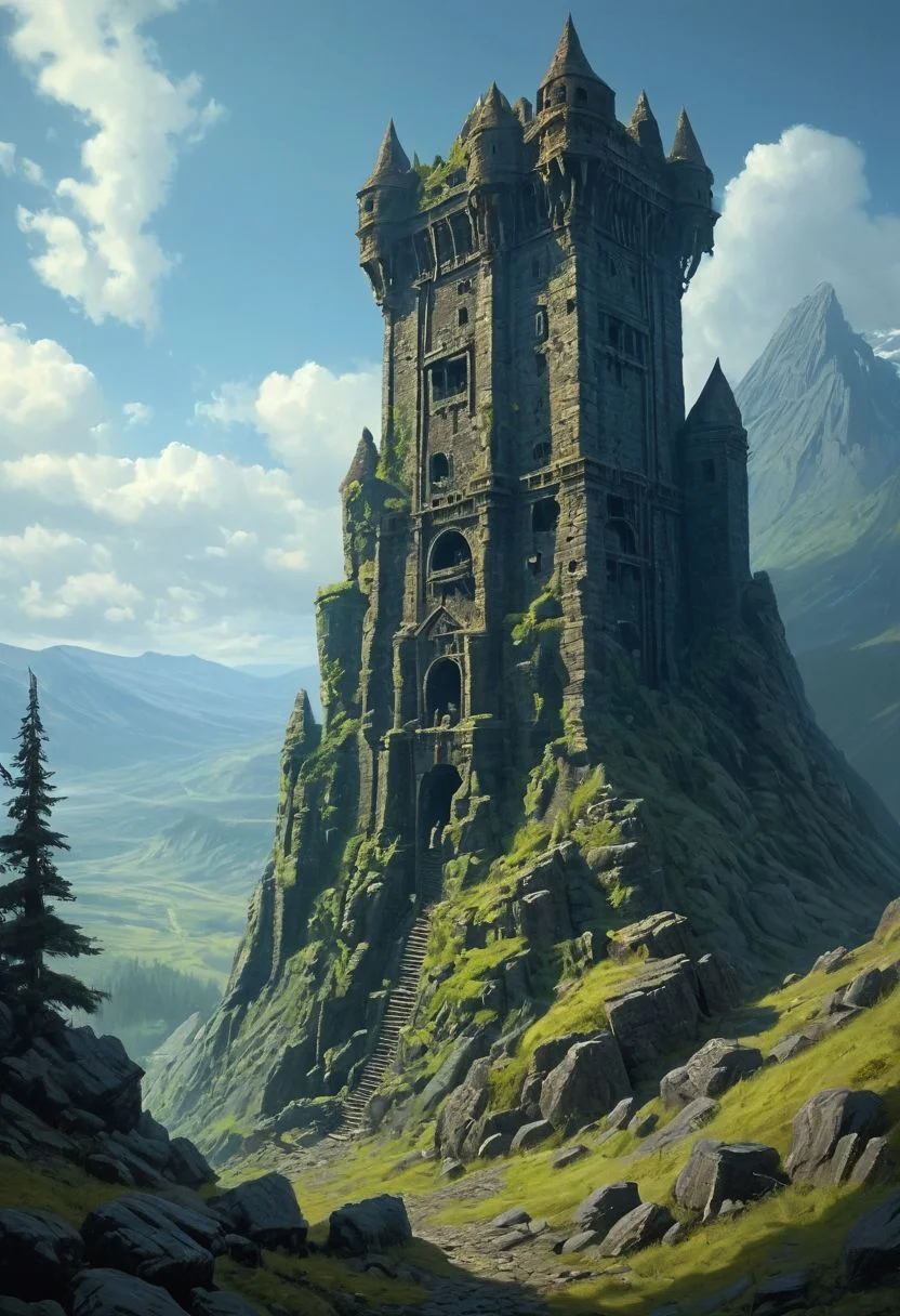 <lora:TheWeirdies_epoch_10:0.78>  
score_9, score_8_up, score_7_up, score_6_up
Durlag's Tower was a large tower that was said to be haunted by a powerful entity, as well as one that housed immeasurable treasure. The fortress was located south of the Wood of Sharp Teeth, a couple of miles from the small settlement of Gullykin. The tower was built entirely of volcanic stone and was in fair condition given the amount of time and neglect involved. It laid atop a volcanic plug that dominated the surrounding lands. Durlag Trollkiller, aided by hired dwarves, was said to have hollowed out the mountain for the rock that made up his tower and used the space created to hide further treasure. This local landmark was the isolated keep of Durlag Trollkiller, son of Bolhur the Clanless, a dwarven hero said to have amassed a large quantity of treasure and stored it here and in a few other locations. This treasure was protected by all manner of magical wards and mechanical traps, the latter of Durlag's own devising. Many adventurers sought his treasure over the decades, with varying degrees of success. The tower comprises a ground floor, three additional upper floors, and even more underground levels.
no humans,
((Durlag's Tower, large tower, haunted, fortress, dark woods surround, built of volcanic stone, mountain, dark))
<lora:add-detail-xl:1>