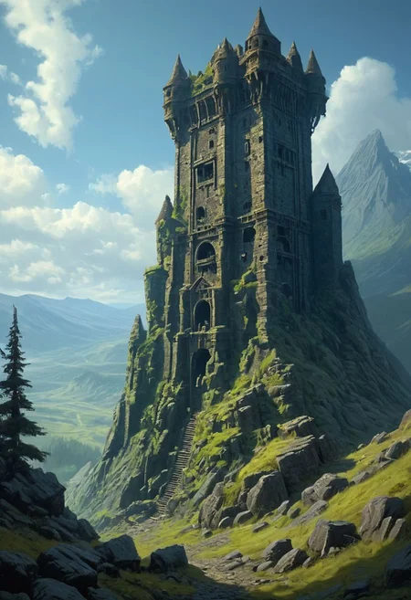 <lora:TheWeirdies_epoch_10:0.78>
score_9, score_8_up, score_7_up, score_6_up
Durlag's Tower was a large tower that was said to be haunted by a powerful entity, as well as one that housed immeasurable treasure. The fortress was located south of the Wood of Sharp Teeth, a couple of miles from the small settlement of Gullykin. The tower was built entirely of volcanic stone and was in fair condition given the amount of time and neglect involved. It laid atop a volcanic plug that dominated the surrounding lands. Durlag Trollkiller, aided by hired dwarves, was said to have hollowed out the mountain for the rock that made up his tower and used the space created to hide further treasure. This local landmark was the isolated keep of Durlag Trollkiller, son of Bolhur the Clanless, a dwarven hero said to have amassed a large quantity of treasure and stored it here and in a few other locations. This treasure was protected by all manner of magical wards and mechanical traps, the latter of Durlag's own devising. Many adventurers sought his treasure over the decades, with varying degrees of success. The tower comprises a ground floor, three additional upper floors, and even more underground levels.
no humans,
((Durlag's Tower, large tower, haunted, fortress, dark woods surround, built of volcanic stone, mountain, dark))
<lora:add-detail-xl:1>