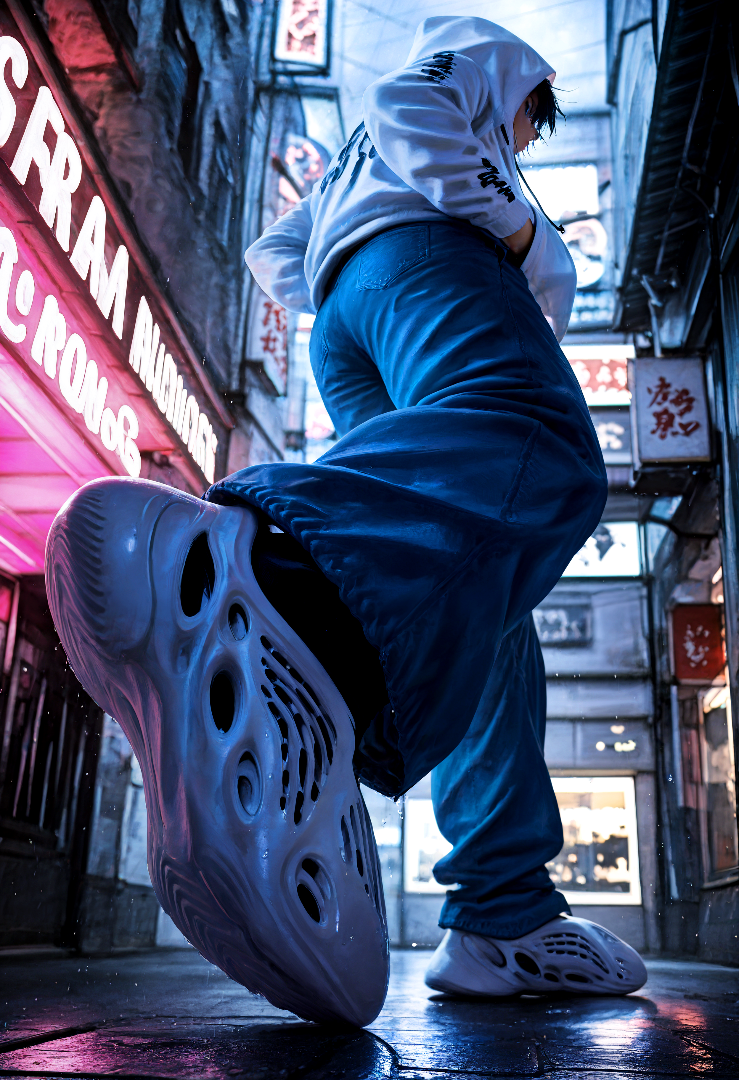 HDR, 8K, high contrast, masterpiece, best quality, amazing quality, very aesthetic, superabsurd res, high resolution, ultra-detailed, absurdres, newest, scenery, (horikoshi kouhei:0.3), (quasarcake:0.3), (wlop:0.3), light rays, chiaroscuro, dynamic angle, foreshortening, perspective, from behind, from below, full body, foot focus, white hoodie, hood up, blue jeans, denim, baggy pants, oversized pants, f0am rvnners, white footwear, black socks, shoe soles, wet shoes, hands in pockets, walking away, looking away, dark, outside, night, reflections, rain, shops, glow, backlighting, partially illuminated, Intricately designed, Mysterious Shadows, BREAK, photorealistic, beautiful detailed eyes, detailed skin, detailed hair, volumetric lighting, dappled light, light particles, dramatic shadows, cinematic lighting, photo background, depth of field, <lora:IL\touching_grass_v0.2:0.8> <lora:IL\KMS_Yeezy_Foam_Runners_IL:1>