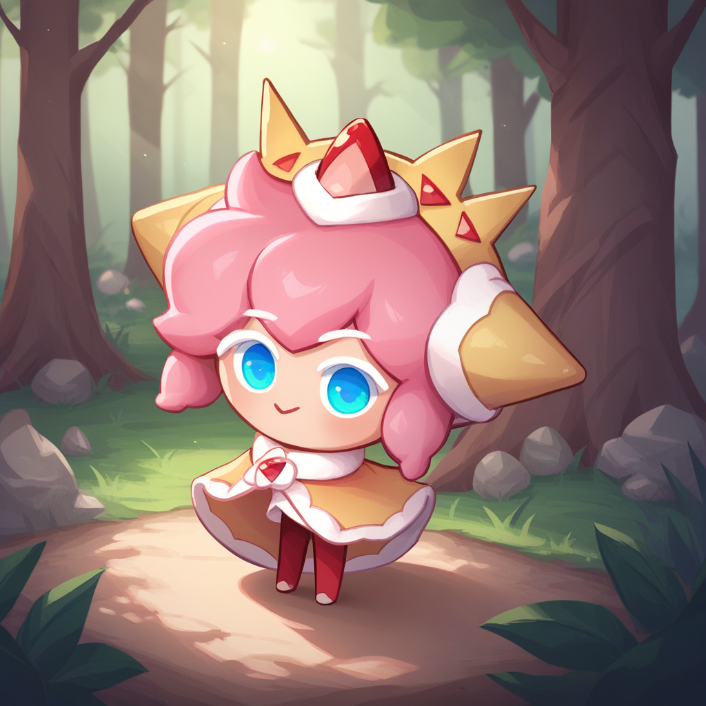 score_9_up, score_8_up, BREAK, StrawberryCrepeCookie, 1girl, solo, pink hair, blue eyes, crown, capelet, red legwear, full body,  <lora:StrawberryCrepeCookie_CookieRun_PXL_Leaf1:1>,  chibi, forest,