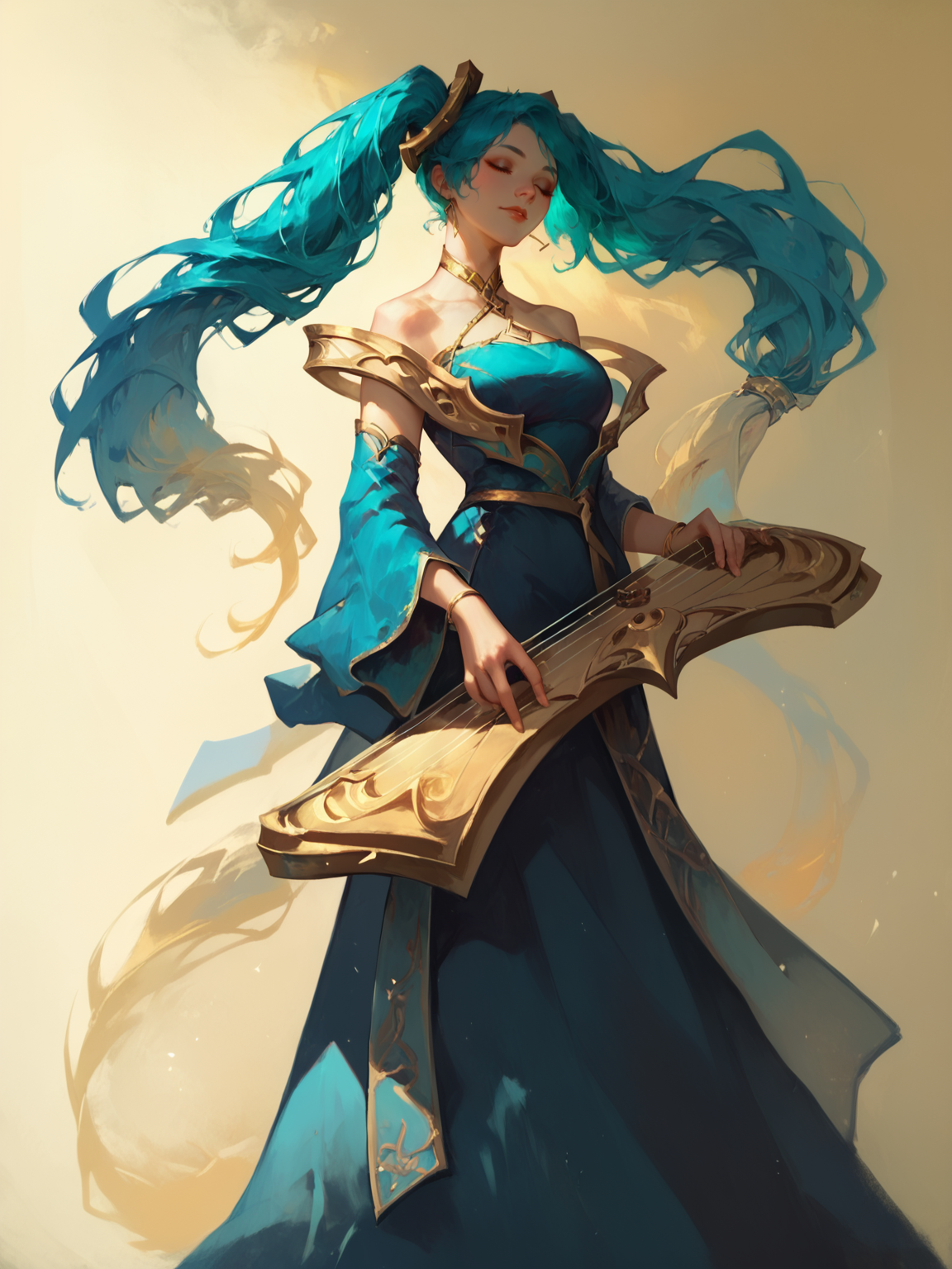 score_9, score_8_up, score_7_up, SonaNormal, 1girl, solo, golden hairpins, long turquoise hair, two tails hairstyle, long blue dress, stringed instrument, two colored hair, wodeipoi, night city scene, in the spotlight,  <lora:SonaNormal:1>   <lora:wodeipoi:1>