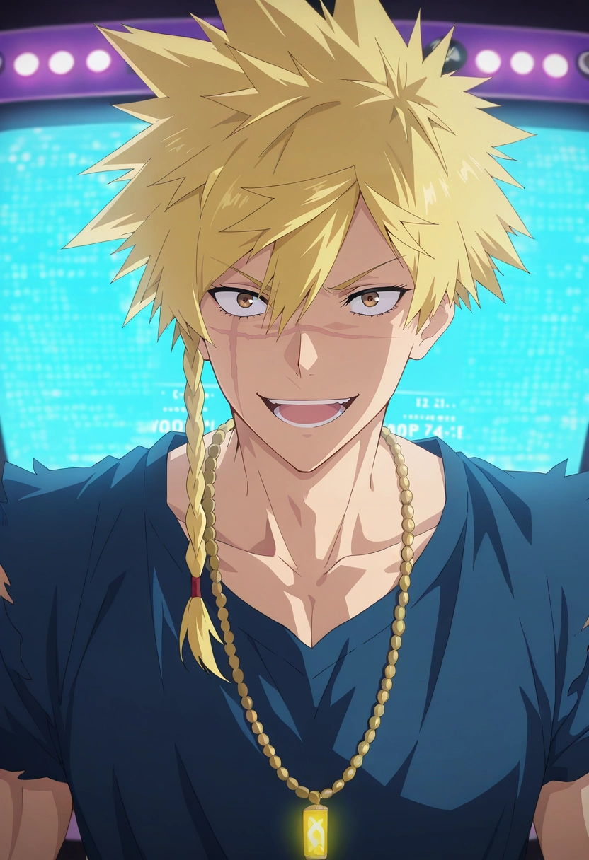 masterpiece, best quality, intricate details, anime screencap, anime coloring, , looking at viewer, 1boy, solo, male focus, <lora:choubei_aza_ilxl:0.92>, choubei_aza, blonde hair, brown eyes, long hair, braid, spiked hair, scar, scar on face, necklace, nighttime arcade, flashing machines, glowing screens, excited players, gaming pose, focused expression, vibrant energy,