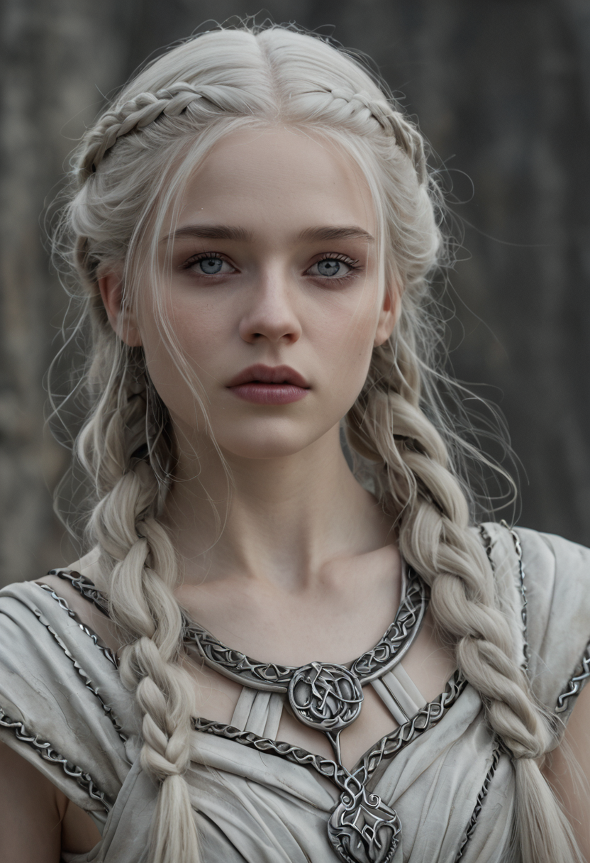 <lora:RokuFantasy:1>,R0k0F3nt3sy,1girl,solo,fantasy art,, (Hair, Long, silver-blonde hair (often described as pale as moonlight), a hallmark of her Targaryen lineage. In the books, her hair is worn in intricate braids, symbolizing victories and tradition:1), (Eyes, Large, violet eyes, often noted for their intensity and otherworldly quality, typical of the Valyrian race:1), (Skin, Pale, creamy complexion with a smooth, almost luminous quality that enhances her striking beauty:1), (Build, Slim and petite, yet strong and resilient, reflecting her gradual transformation from a timid girl into a determined leader:1),  short in stature,