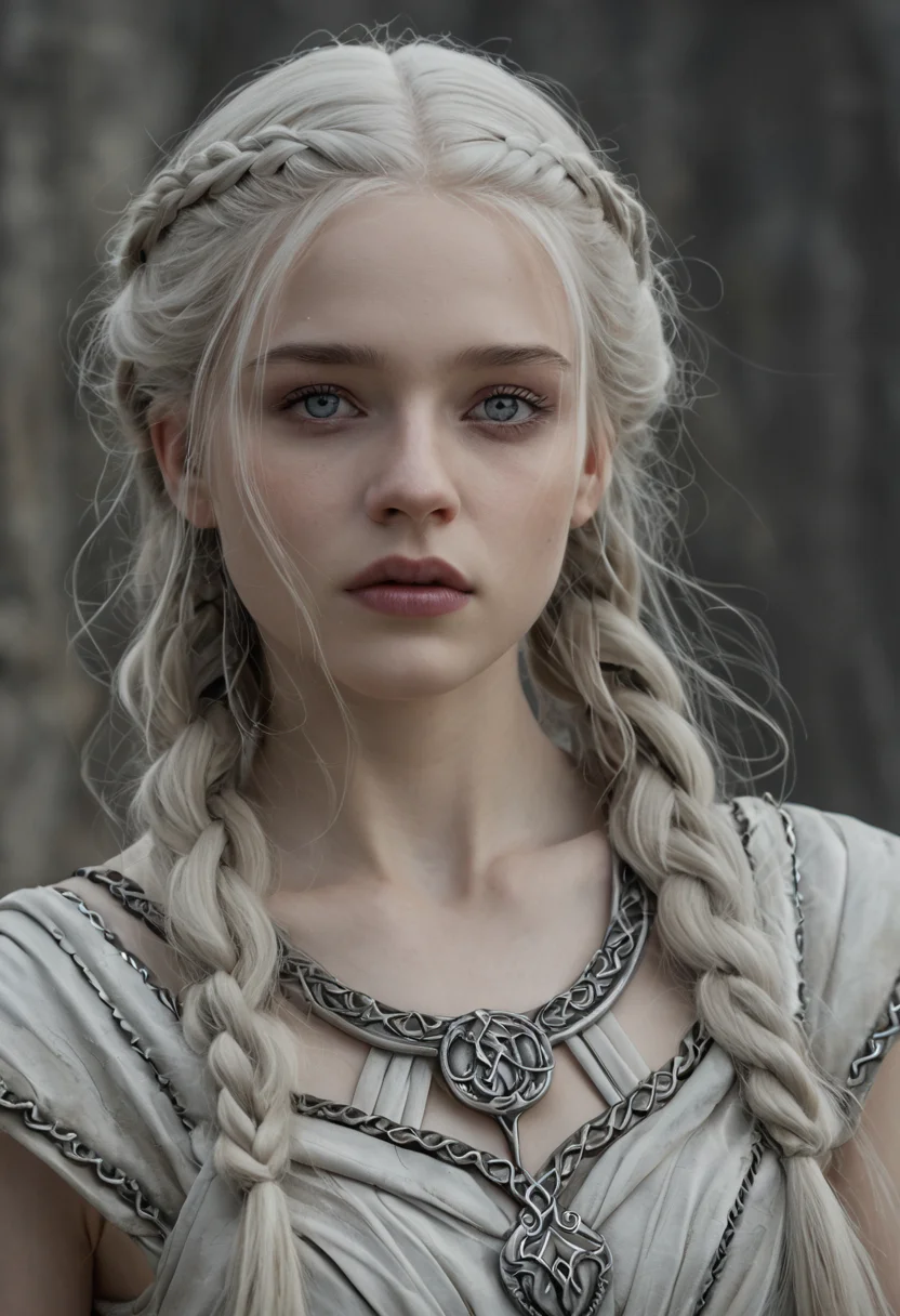 <lora:RokuFantasy:1>,R0k0F3nt3sy,1girl,solo,fantasy art,, (Hair, Long, silver-blonde hair (often described as pale as moonlight), a hallmark of her Targaryen lineage. In the books, her hair is worn in intricate braids, symbolizing victories and tradition:1), (Eyes, Large, violet eyes, often noted for their intensity and otherworldly quality, typical of the Valyrian race:1), (Skin, Pale, creamy complexion with a smooth, almost luminous quality that enhances her striking beauty:1), (Build, Slim and petite, yet strong and resilient, reflecting her gradual transformation from a timid girl into a determined leader:1), short in stature,
