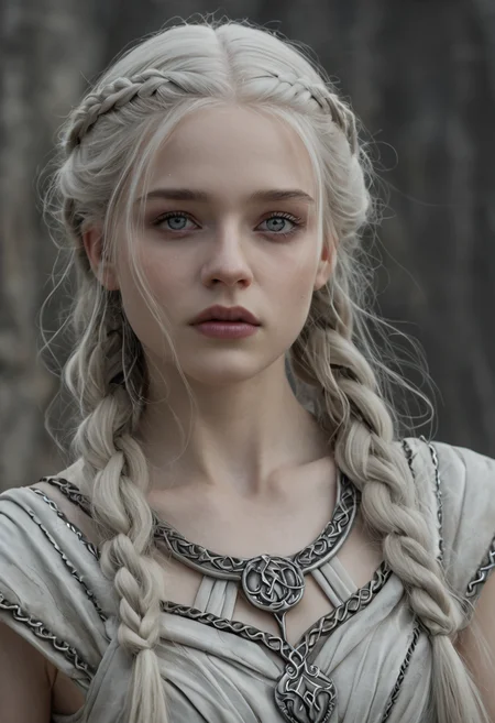 <lora:RokuFantasy:1>,R0k0F3nt3sy,1girl,solo,fantasy art,, (Hair, Long, silver-blonde hair (often described as pale as moonlight), a hallmark of her Targaryen lineage. In the books, her hair is worn in intricate braids, symbolizing victories and tradition:1), (Eyes, Large, violet eyes, often noted for their intensity and otherworldly quality, typical of the Valyrian race:1), (Skin, Pale, creamy complexion with a smooth, almost luminous quality that enhances her striking beauty:1), (Build, Slim and petite, yet strong and resilient, reflecting her gradual transformation from a timid girl into a determined leader:1),  short in stature,