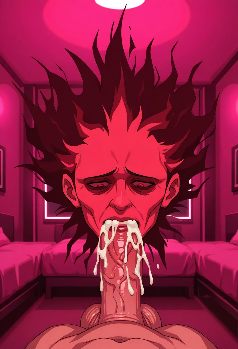 SSpiritFNF, 1boy, pixelated ghastly specter, grotesque floating red face, dark red aura, unsettlingly realistic face, horror, solo, full body, high quality, masterpiece, looking at penis, blowjob, deepthroat, unphased, looking down, , , , 1boy, faceless male, huge penis, massive penis, large testicles, thick cum, cum on penis, cum drip, love hotel room interior, furniture, led lights, sensual pink lighting, three-point lighting, close-up