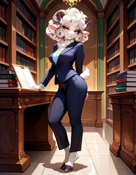 masterpiece, best quality, very aesthetic, absurdres,
indoors, library, 
office lady, office suit, 
full body, posing, 
seductive smile, parted lips, long eyelashes,
<lora:Dolly_v02_NAIXL:1>
Dolly,1girl, solo, furry female, sheep girl, sheep ears, horns, short curly hair, white hair, purple eyes, horizontal pupils, animal nose, body fur, white fur, short tail, hooves,