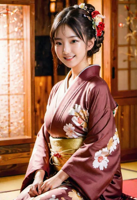 OverallDetail, (best quality, ultra-detailed, an extremely delicate and beautiful:1.2), (1girl, smile wavy mouth, twin braids hair, black hair, brown eyes, small breasts, brown kimono:1.3), (shiny clothes, kimono, shiny skin:1.5), (3d:1.1), (happy new year, japanese room, particle lighting, below wind, close-up, wariza:1.4)