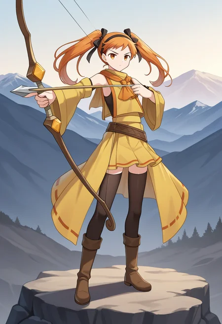 1girl, solo, linalyuri, orange hair, long hair, twintails, hair ribbon, hairband, orange eyes, sleeveless shirt, detached sleeves, tabard, ascot, skirt, waist cape, belt, thighhighs, boots,, outdoors, quarry, mountain, full body, serious, holding bow (weapon), serious, aiming,