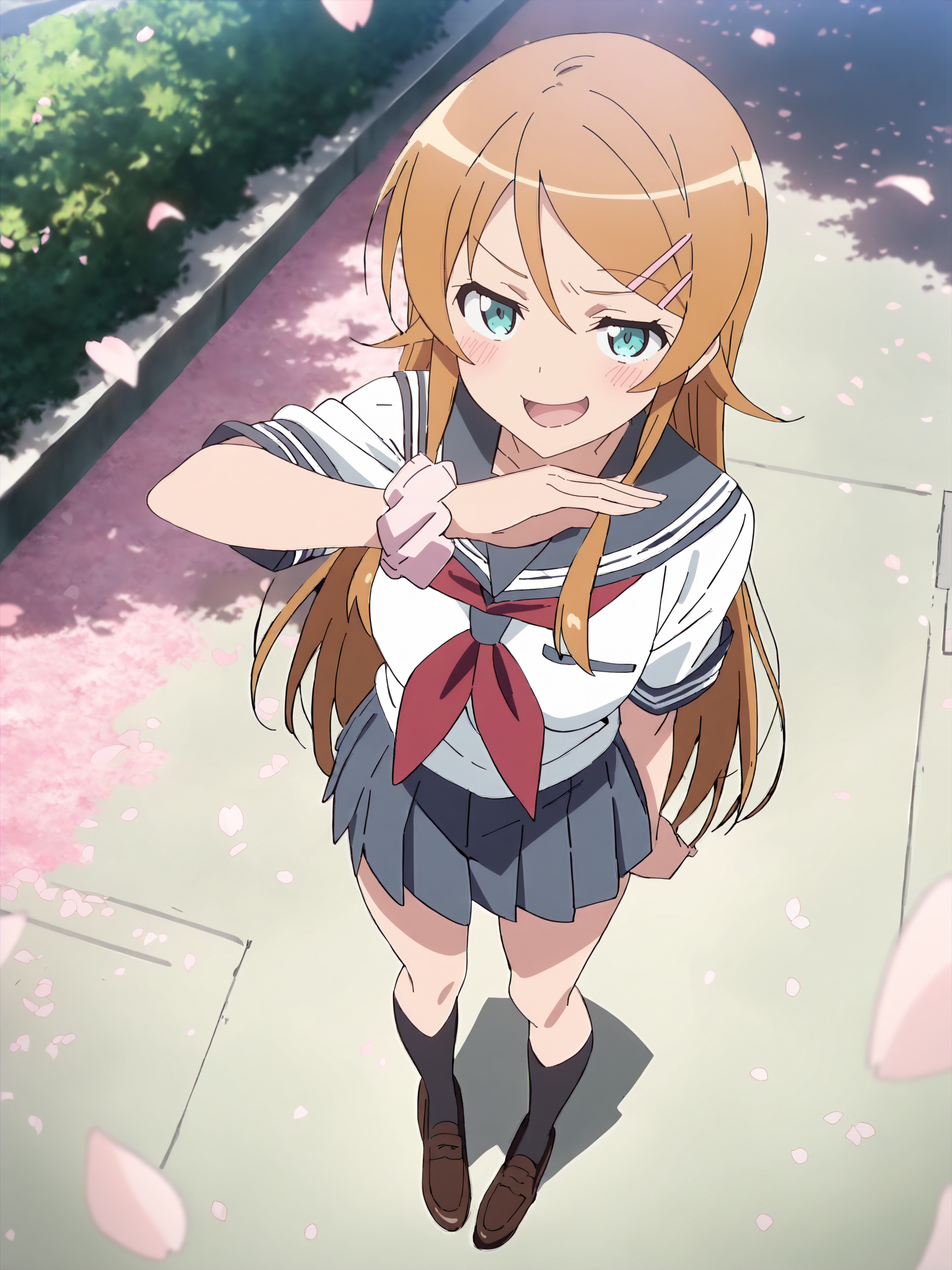 masterpiece, high score, great score, absurdres, anime screenshot, anime coloring,  <lora:Char-Kousaka_Kirino-V1-SDXL:0.9:hr=0.7>, 1girl, kousaka kirino, hair clip, solo, serafuku, wrist scrunchie, blue pleated skirt, red neckerchief, loafers, black socks, looking at viewer, smug, open mouth, naughty face, ojou-sama pose, standing, full body, outdoors, street, cherry blossoms, petals, depth of field