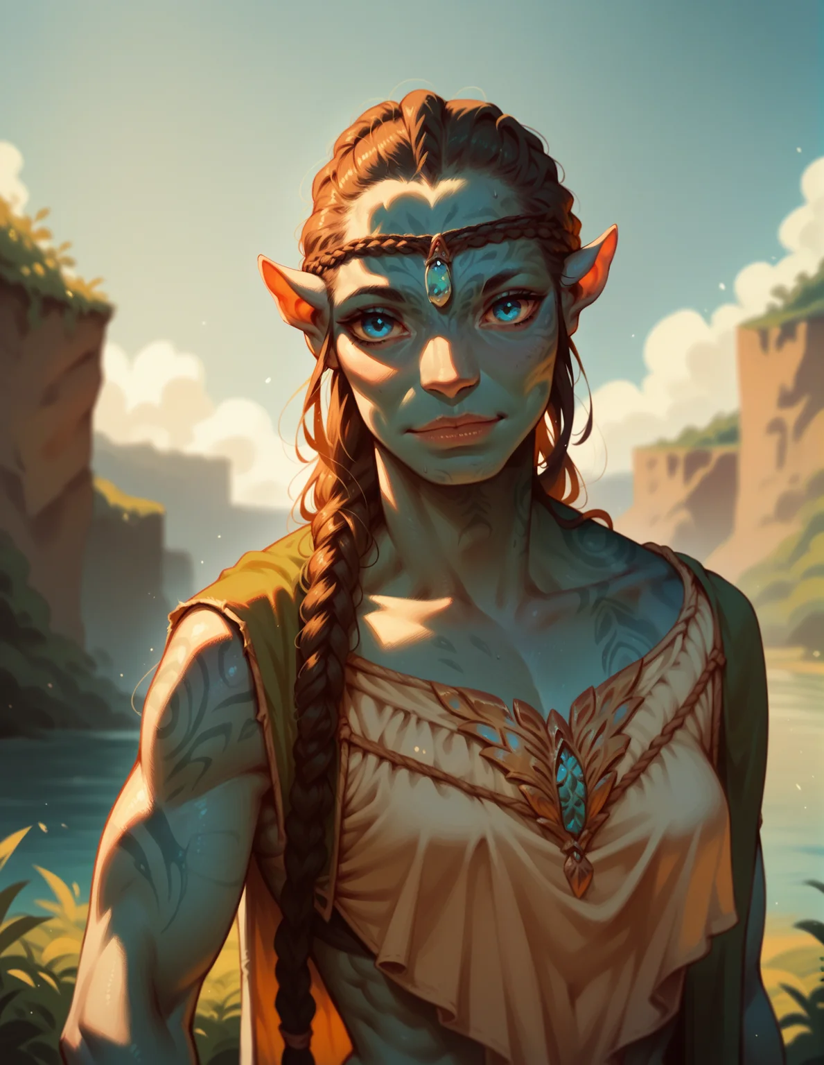 <lora:Taunui_tsahikV2:0.8> ta'unuiv2, 1girl, ((Solo)), blue skin, blue eyes, outdoors, long braid on shoulder, score_9, score_8_up, score_7_up, score_6_up, 2d, digital art, masterpiece, <lora:sinfully_stylish_PONY_0.2:0.3> dramatic lighting <lora:incase-ilff-v3-4:0.3>, score_9, score_8_up, score_7_up, score_6_up