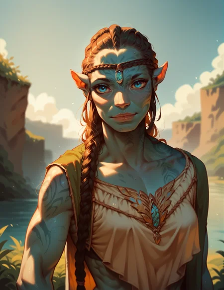 <lora:Taunui_tsahikV2:0.8> ta'unuiv2, 1girl, ((Solo)), blue skin, blue eyes, outdoors, long braid on shoulder, score_9, score_8_up, score_7_up, score_6_up, 2d, digital art, masterpiece, <lora:sinfully_stylish_PONY_0.2:0.3> dramatic lighting <lora:incase-ilff-v3-4:0.3>, score_9, score_8_up, score_7_up, score_6_up