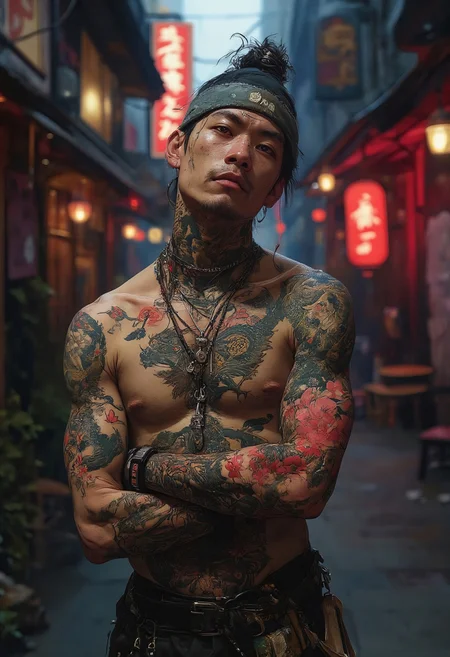 A photorealistic portrait of a yakuza member, shirtless to showcase intricate full-body Japanese tattoos featuring dragons and cherry blossoms. He stands in an intimidating pose, arms crossed, in a dimly lit urban back alley. Neon lights from a distant sign cast a moody, colorful glow.
