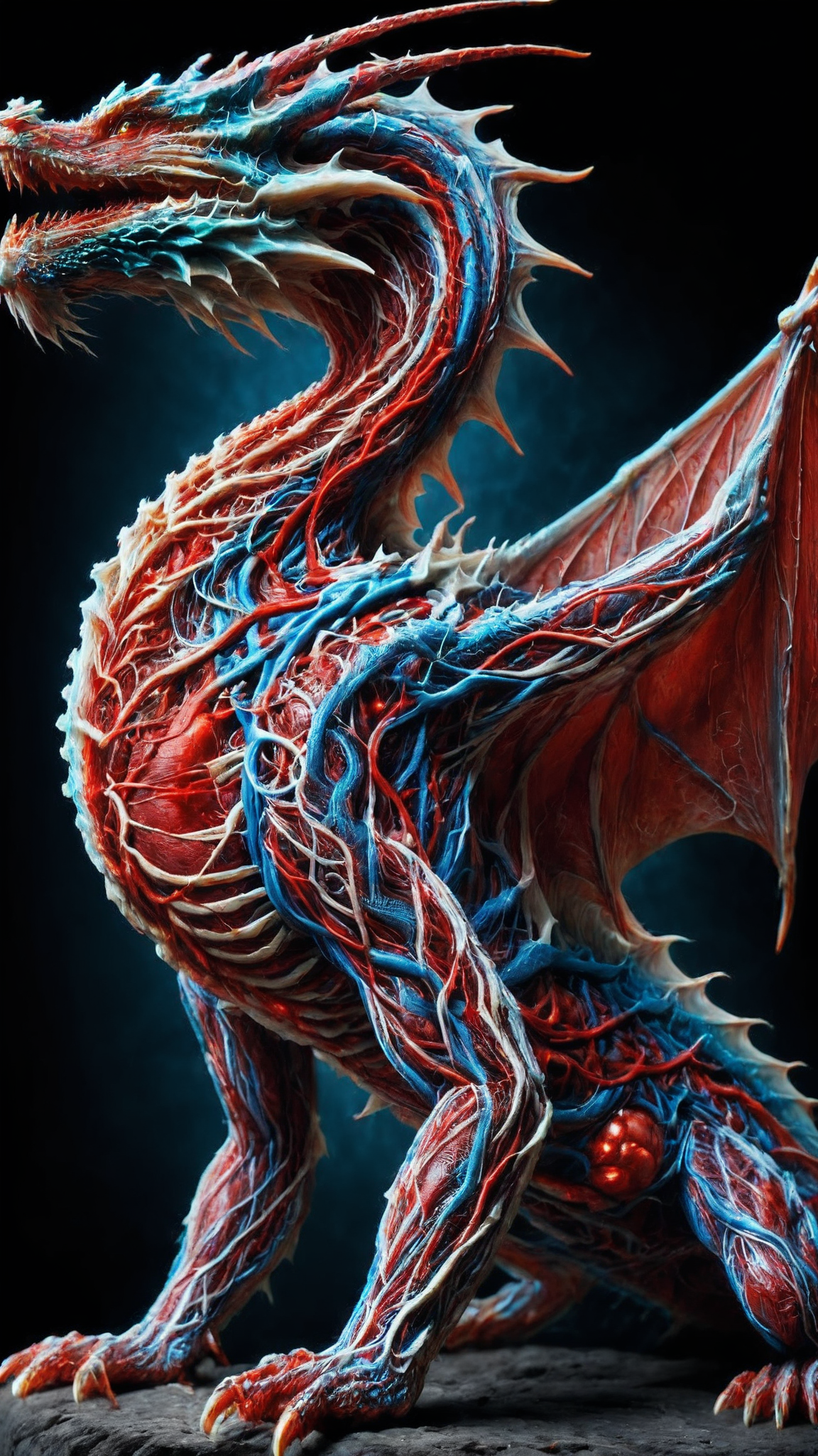 yamer_veins, veins, guro, A glistening dragon covered with veins, photograph of dragon, its metallic sheen punctuated by a web of intricate veins, highly detailed, sharp focus on subject, blood on body, muscular dragon, <lora:Veins_XL:1>