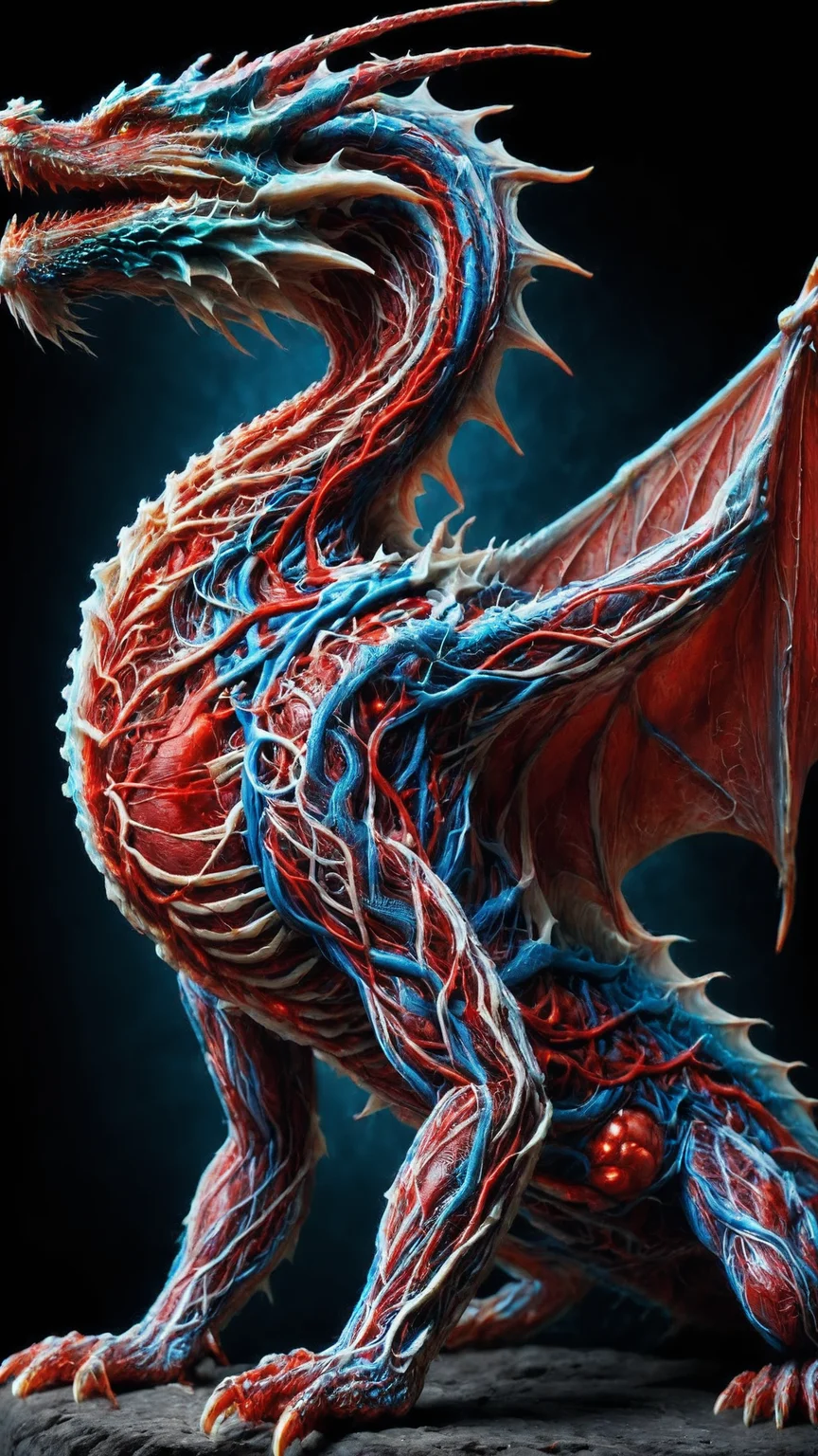 yamer_veins, veins, guro, A glistening dragon covered with veins, photograph of dragon, its metallic sheen punctuated by a web of intricate veins, highly detailed, sharp focus on subject, blood on body, muscular dragon, <lora:Veins_XL:1>