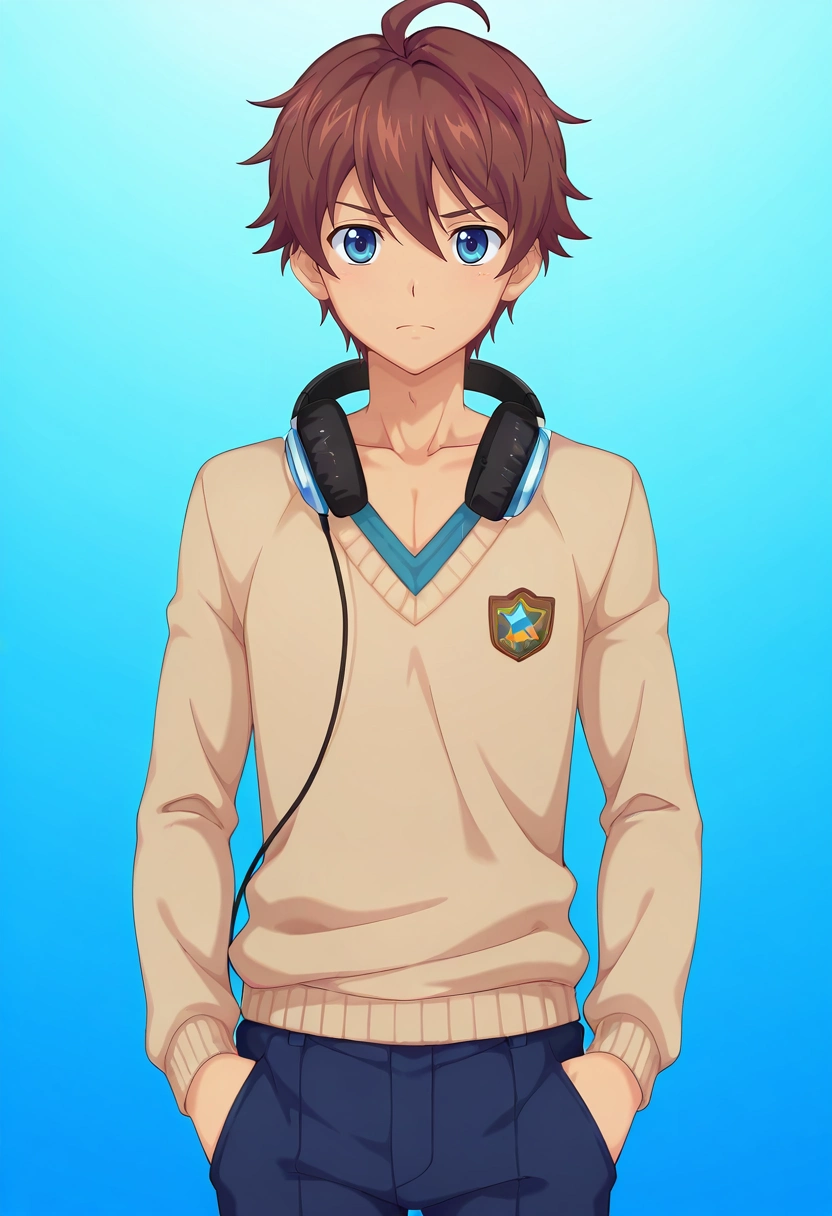 masterpiece, best quality, , anime screencap, , , looking at viewer, , 1boy, solo, male focus, <lora:seto_aihara_ilxl:0.88>, seto_aihara, brown hair, blue eyes, short hair, ahoge, headphones, , , Work pants, V-neck sweater, Espadrilles, ,