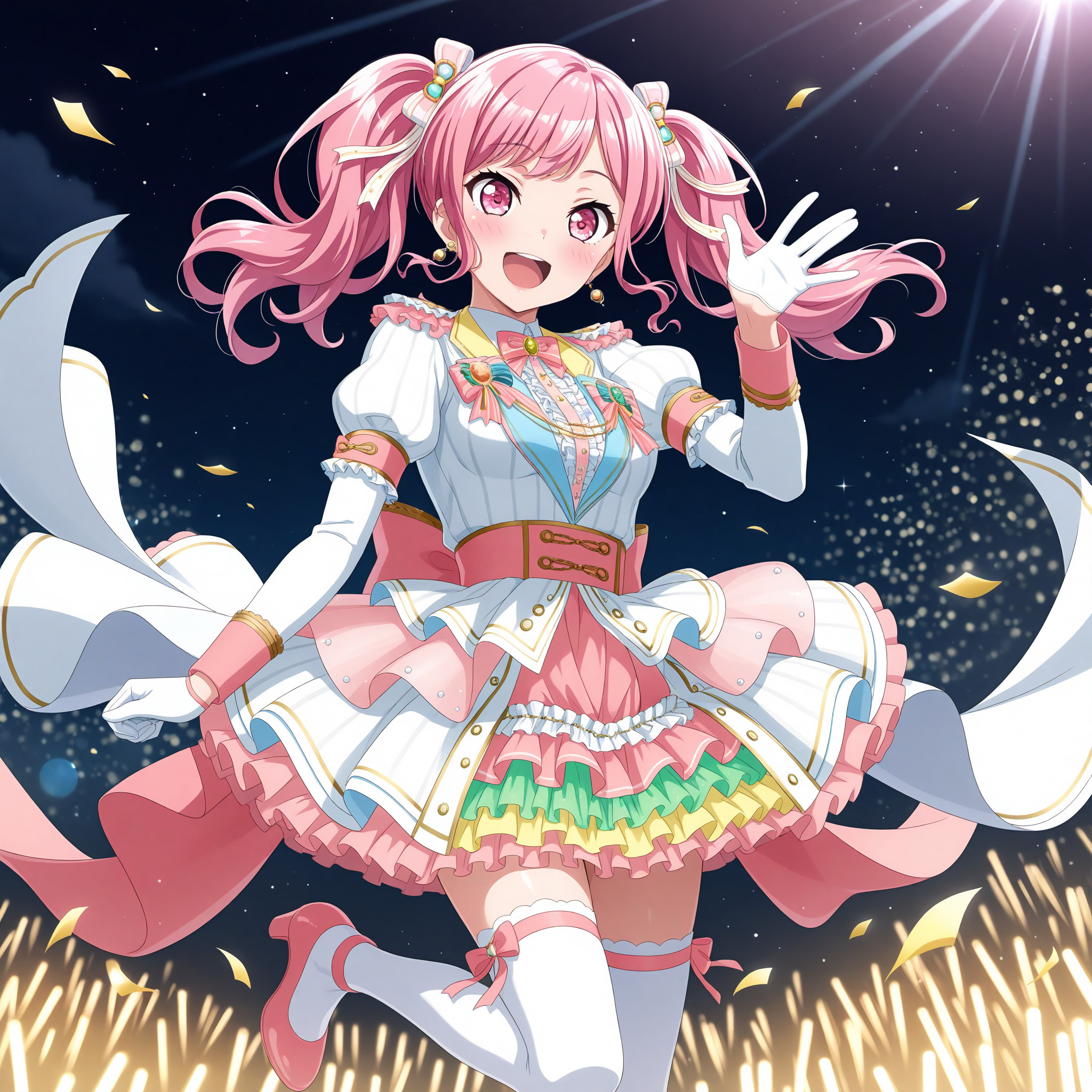 <lora:Maruyama_Aya_1_nai-000044:1>,Maruyama Aya,
twintails,sidelocks,pink footwear,white thighhighs,white gloves,puffy sleeves,frills,jewelry,pink bow,long sleeves,earrings,hair ornament,dress,hair ribbon,high heels,bowtie,overskirt,short sleeves,center frills,layered skirt,
1girl,solo,smile,front view,waving,