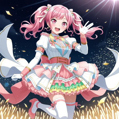 <lora:Maruyama_Aya_1_nai-000044:1>,Maruyama Aya,
twintails,sidelocks,pink footwear,white thighhighs,white gloves,puffy sleeves,frills,jewelry,pink bow,long sleeves,earrings,hair ornament,dress,hair ribbon,high heels,bowtie,overskirt,short sleeves,center frills,layered skirt,
1girl,solo,smile,front view,waving,