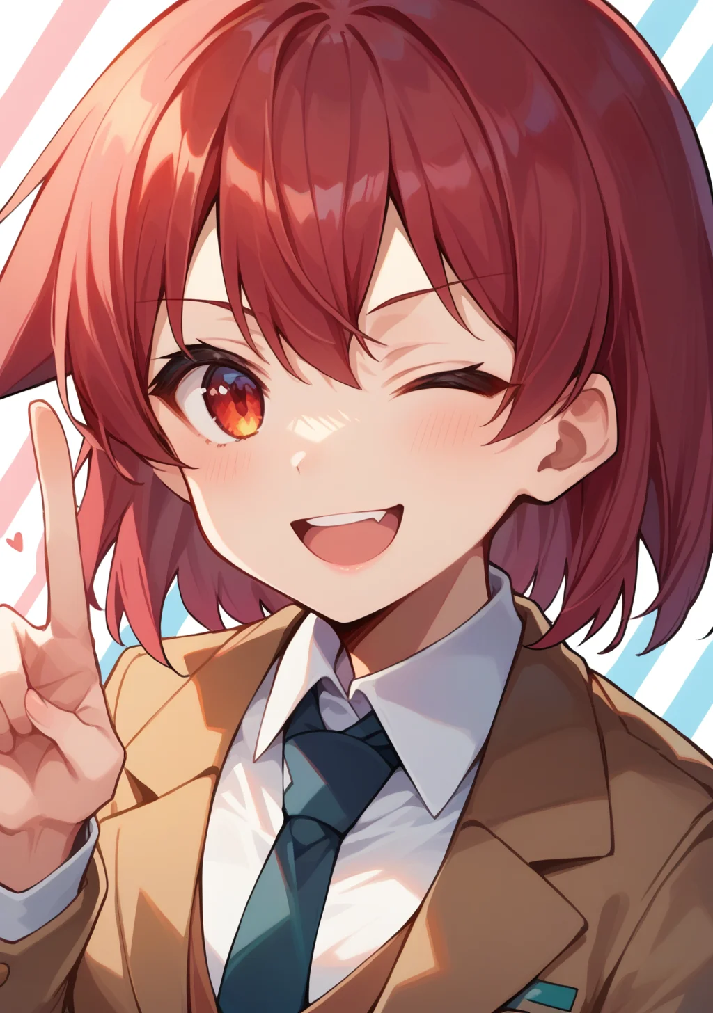 score_9, score_8_up, score_7_up, source_anime,high detail, detailed face,volumetric lighting,shiny skin,<lora:spo_sdxl_10ep_4k-data_lora_webui:0.7>,1girl,miyanaga_teru,red hair, medium hair, red eyes, school uniform, blazer, brown jacket, white shirt, collared shirt, long sleeves,pleated skirt, necktie, ,<lora:miyanaga_teru:1>,wink,smile,open mouth, striped background, v, portrait, heart