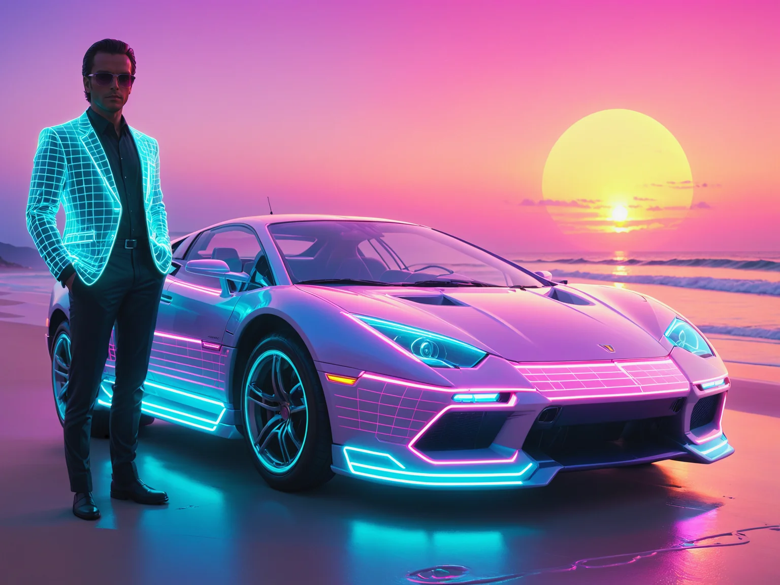 mad-vprwv man in front of a sportscar at the beach, sun at the neon horizon, 1980, neon, grid, vaporwave <lora:Neon_Cyberpunk_Vaporwave_SDXL:0.8>, (masterpiece:1.2), best quality