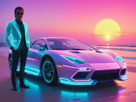 mad-vprwv man in front of a sportscar at the beach, sun at the neon horizon, 1980, neon, grid, vaporwave <lora:Neon_Cyberpunk_Vaporwave_SDXL:0.8>, (masterpiece:1.2), best quality