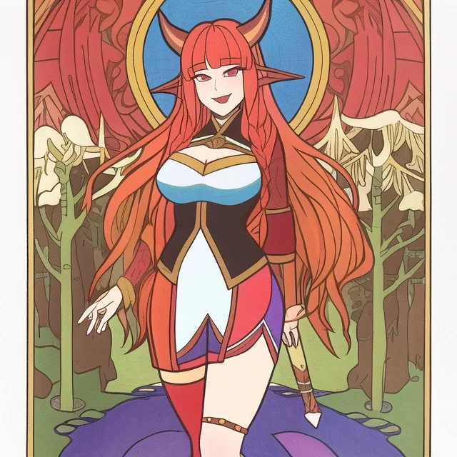 <lora:bilibin01-000016:1>bilibin, by ivan bilibin, def1, yaman, asymmetrical legwear, blouse, fang, looking at viewer, simple background, skindentation, standing, thigh strap, thighs, uneven legwear, very long hair, forest lake, perfect fingers <lora:kiryuCocoHololive_v10:0.5>
