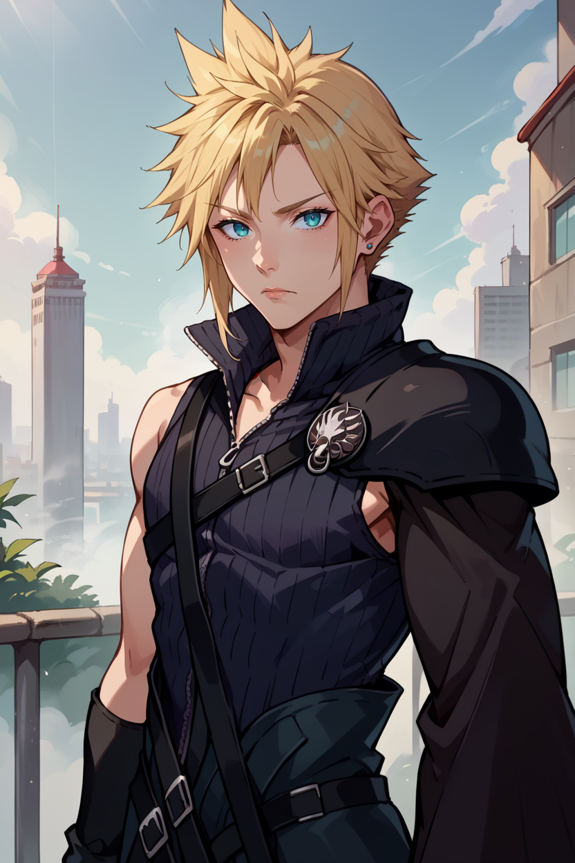 score_9, score_8_up, score_7_up, score_6_up, source_anime, 1boy, male focus, solo BREAK  <lora:cloudstrife-pdxl-nvwls-v1-000006:1> acCloud, blonde hair, single earring, high collar, black shirt, single shoulder pad, harness, single detached sleeve, black gloves, black pants, expressionless, looking at you, grey sky, fog, city
