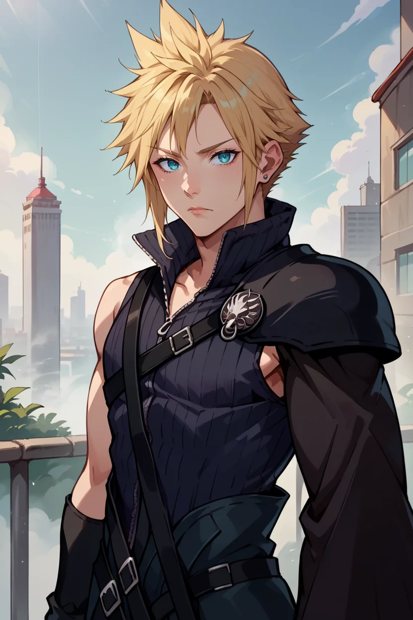 score_9, score_8_up, score_7_up, score_6_up, source_anime, 1boy, male focus, solo BREAK <lora:cloudstrife-pdxl-nvwls-v1-000006:1> acCloud, blonde hair, single earring, high collar, black shirt, single shoulder pad, harness, single detached sleeve, black gloves, black pants, expressionless, looking at you, grey sky, fog, city