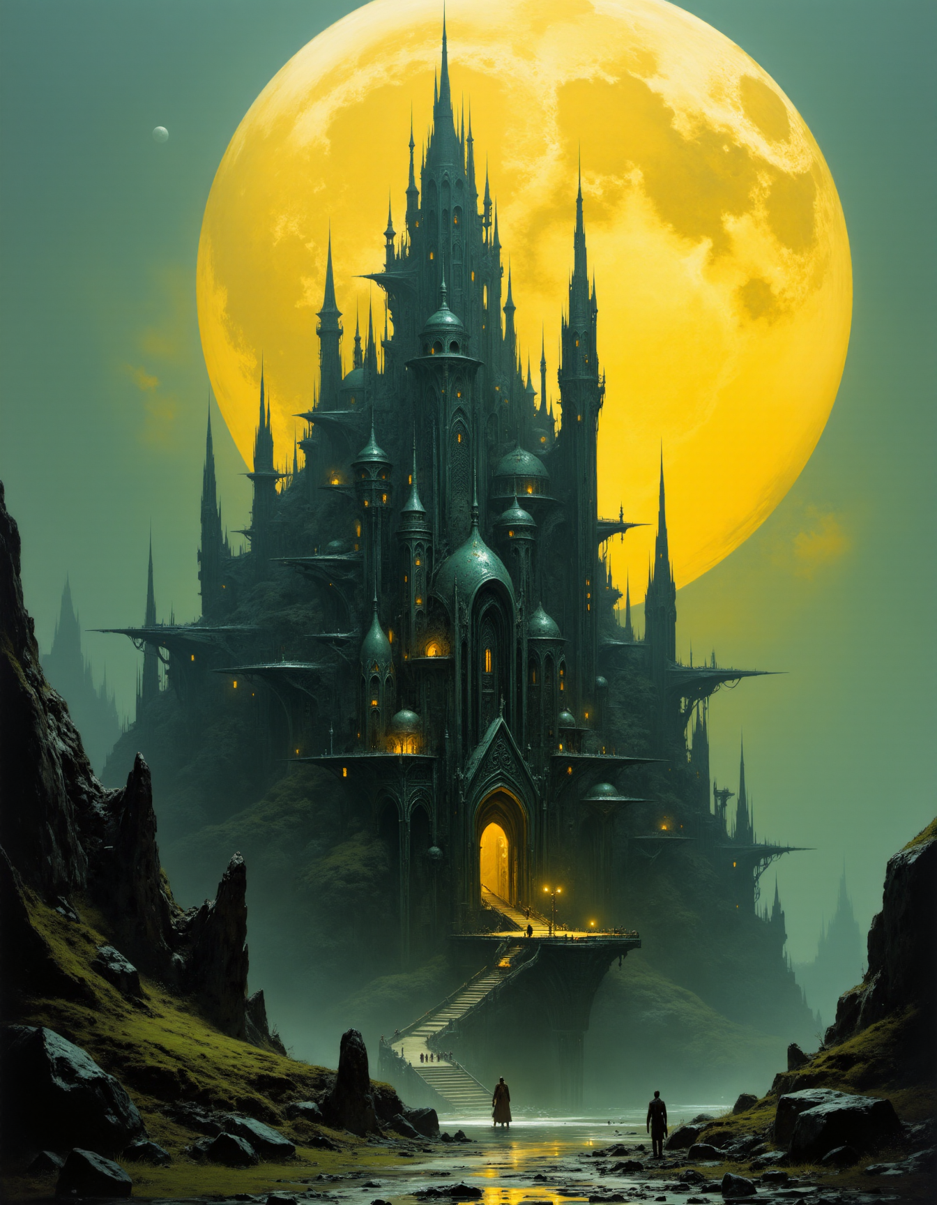 The image is a highly detailed classic impasto oil painting featuring a fantastical, futuristic cityscape. The scene is dominated by a massive, sprawling, Gothic-inspired castle-like structure with numerous spires, towers, and battlements, constructed from a dark, weathered stone. The castle is illuminated by a large, glowing, golden-yellow moon, which appears to be a significant source of light in the scene, casting a warm, ethereal glow on the structure and surrounding landscape, Celadon hue and Nickel Gray tint
 <lora:artisketchyfs-v02:0.8>
