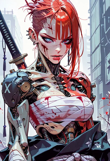 masterpiece, best quality,high quality, newest, highres,absurdres, 1girl, solo, close up, red hair, short hair, solo, katana, long hair, blood, blue eyes, red eye, heterochromia, breasts, sarashi, looking at viewer, earrings, bandages, piercing, ear piercing, jewelry, blood on face, yellow bangs:2, mechanical parts