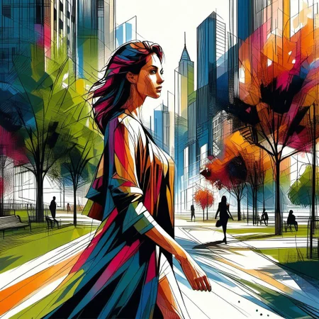 InkBlast, portrait, 1woman walking through a city park