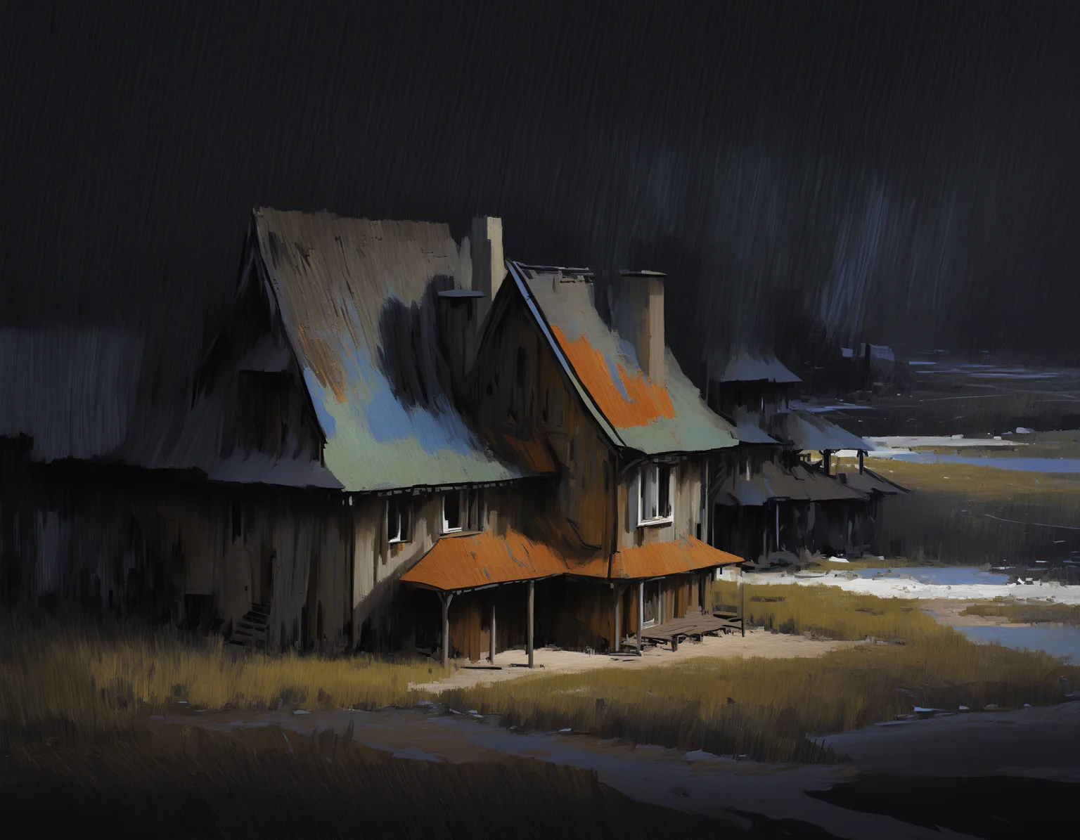 masterpiece, painting \(medium\), best quality, highres, (traditional media:0.6), highly detailed, abstract,
no humans, house, building, river, cinematic, painterly, abstract background, colors, surreal, shadow, hdr, deep tones, surrealism, post-apocalypse, dark tones,
style of disco elysium, <lora:DiscoElysium Illustrious 0.1:1>