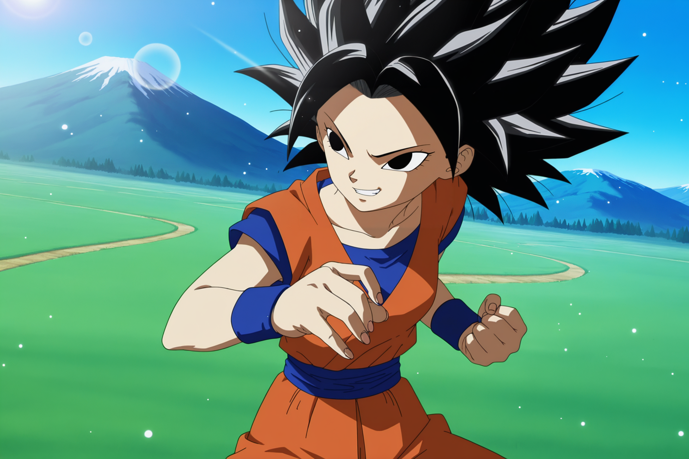 anime screencap, absurdres, high quality, 
caulifla, turtle school gi, official style, 1girl, solo, smile, black hair, wind, cowboy shot, outdoors, sky, grin, black eyes, serious, sash, spiked hair, wristband, blue footwear, mountain, dougi, v-shaped eyebrows, blue sash, orange topwear, orange pants, blue undershirt, blue wristband, fighting stance, dappled sunlight, light particles, lens flare, fingernails,  
grass, field, cowboy shot, blue sky, 
 <lora:Caulifla_iL:0.8>
