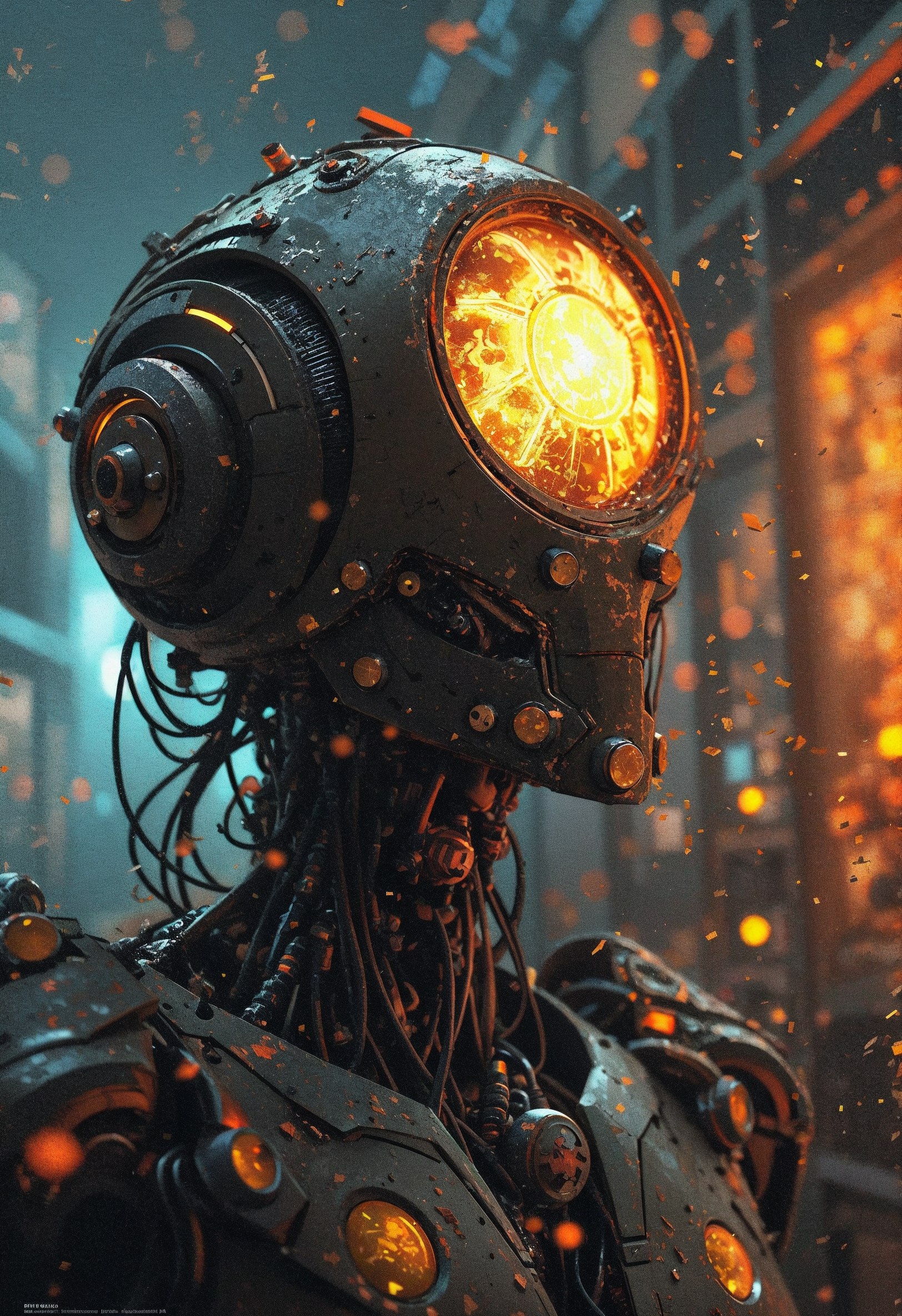 (in Otomo Katsuhiro style:1.4), high quality, masterpiece, A rogue AI with a fractured faceplate, smashing through walls of a crumbling data center, sparks and cables flying around them, illuminated by malfunctioning screens, Dutch angle emphasizing destruction, chaotic and gritty, elaborately detailed attire with extraordinary elements, (hyperdetailed:1.1), (intricate details:1.0), (Refined details:1.1), (best quality:1.1), (high resolution:1.1)