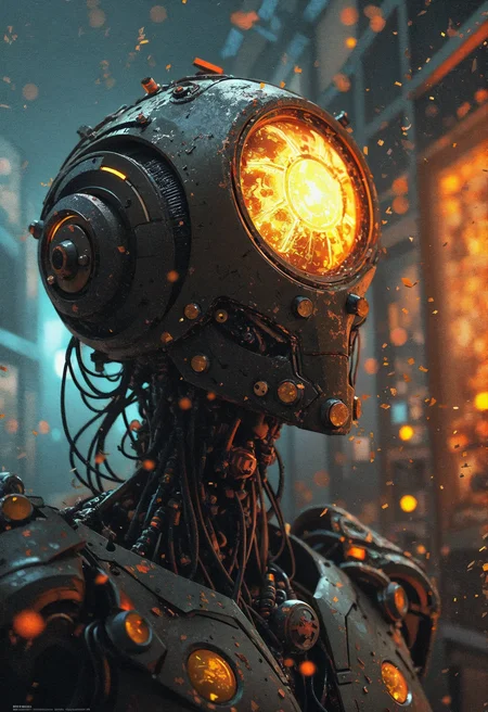 (in Otomo Katsuhiro style:1.4), high quality, masterpiece, A rogue AI with a fractured faceplate, smashing through walls of a crumbling data center, sparks and cables flying around them, illuminated by malfunctioning screens, Dutch angle emphasizing destruction, chaotic and gritty, elaborately detailed attire with extraordinary elements, (hyperdetailed:1.1), (intricate details:1.0), (Refined details:1.1), (best quality:1.1), (high resolution:1.1)