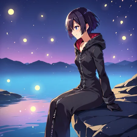 score_9, score_8_up, 1girl, xion, solo, outdoors, on a lake, flat chest, small breasts, sitting, floating lanterns in the sky, xion watching the floating lanterns, night, short hair, black hair, black coat, wide hips, narrow waist, closed coat, zipper, black pants, black gloves <lora:XionSDXL:1> <lora:BlushySDXL:1>, takeda hiromitsu style, side view, smiling, floating lanterns in the air