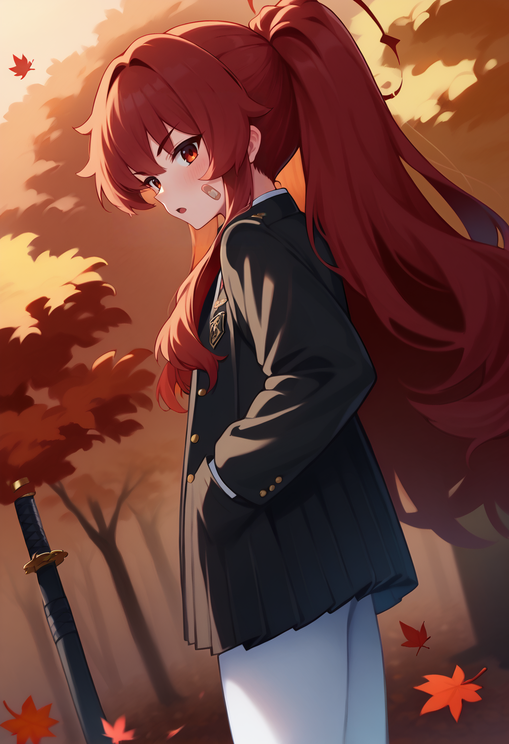 score_9, score_7_up, hd, (ultra hd quality details), source_anime, outdoors, autumn, maple leaf, autumn leaves, red theme,
solo, 1girl,  kvkoito, ponytail, bandaid on face, halo, very long hair,
school uniform, black jacket, black coat, open jacket, white shirt, collared shirt, black skirt, pleated skirt, white pantyhose,
looking at viewer, blush, serious, open mouth, 
dutch angle, from side, standing, katana, sheathed, hands in pockets,
<lora:_ashiharatsumori_koito-elesico-pony-07:1> <lora:unlimitedbladeworks_XLPD:1>