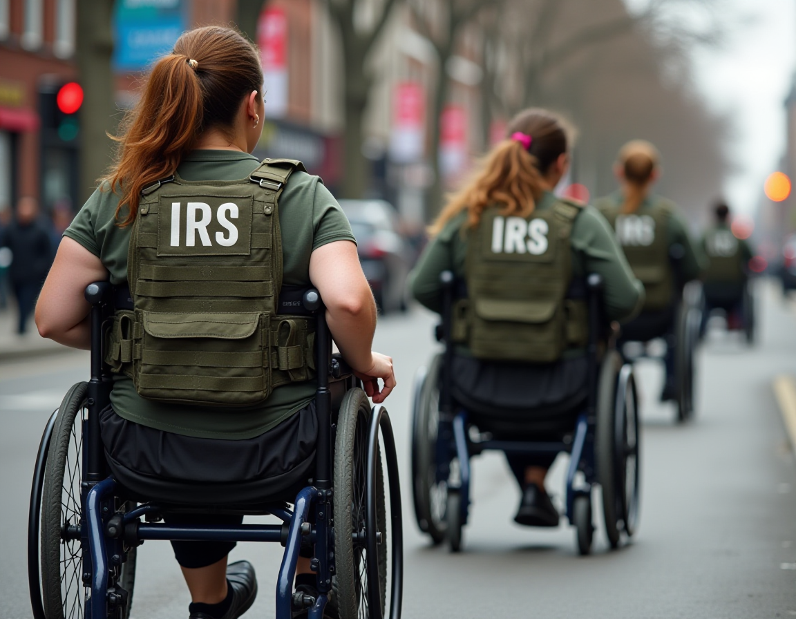 morbidly obese women in wheelchairs rolling down the street wearing tactical military vests that have patches with the text "IRS"