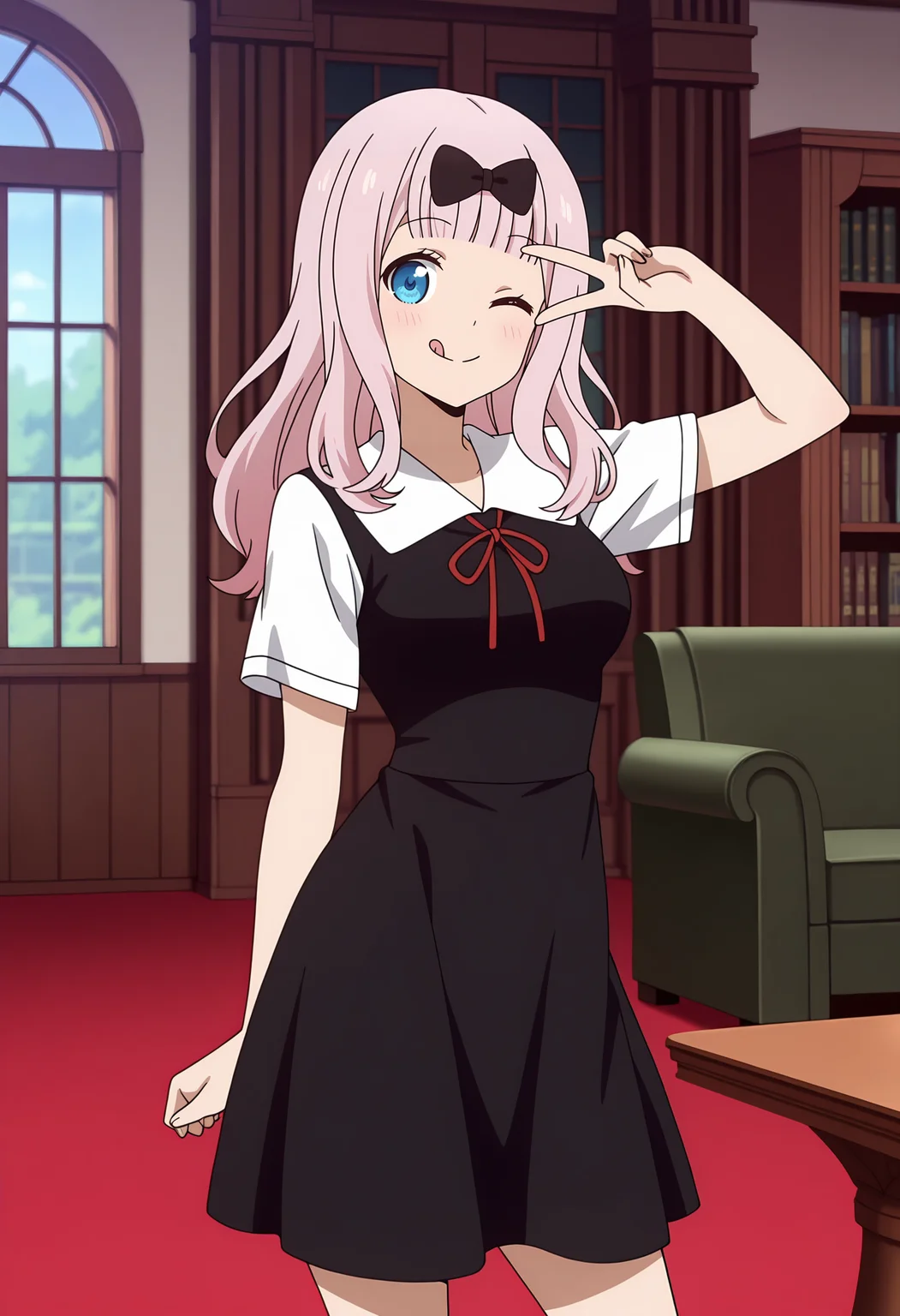 anime screencap, masterpiece, best quality,
<lora:Kaguya-samaWaKokurasetai_FujiwaraChika_IlluXL:0.9>,
1girl, solo, closed mouth, smile, tongue, blush, v over eye, one eye closed,
blunt bangs, long hair, pink hair, blue eyes, hair bow, black bow,
pinafore dress, medium dress, black dress, neck ribbon, red ribbon, white shirt, short sleeves,
contrapposto, looking at viewer,
indoors, table, bookshelf, window, red carpet, couch, photo background, blurry background