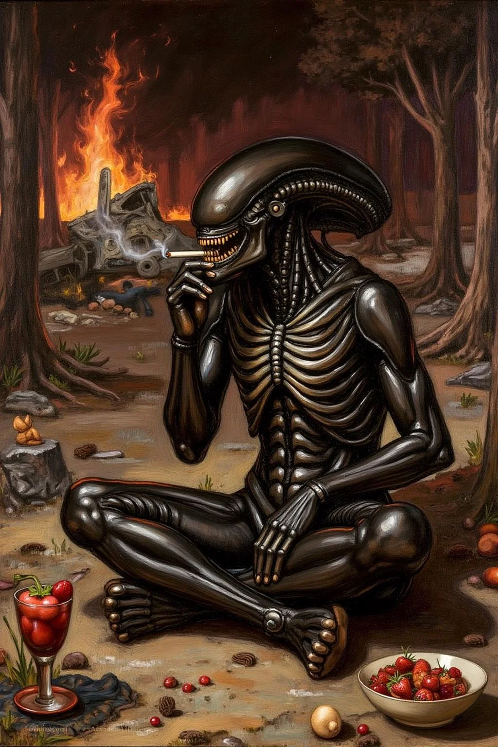 jwwaterhouse1 painting.
jwwaterhouse1 painting. Xenomorph, puffing a cigarette, sitting cross-legged on the ground, a crashed burning spaceship wreckage in the background, dessert <lora:jwwaterhouse1_cap_d6a3e11:0.8><lora:829540081300754671:0>