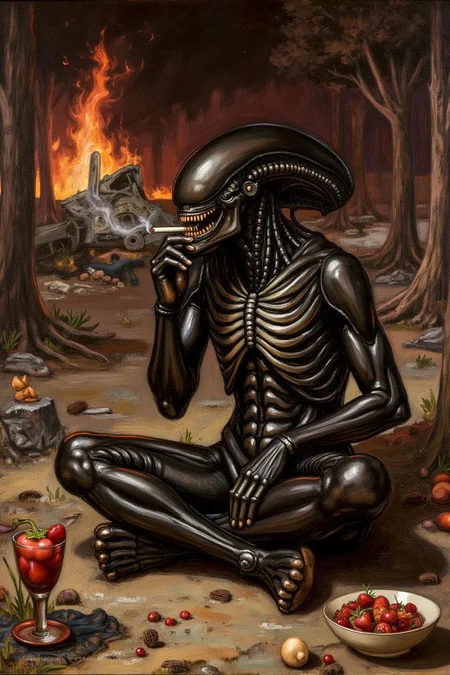 jwwaterhouse1 painting.
jwwaterhouse1 painting. Xenomorph, puffing a cigarette, sitting cross-legged on the ground, a crashed burning spaceship wreckage in the background, dessert <lora:jwwaterhouse1_cap_d6a3e11:0.8><lora:829540081300754671:0>