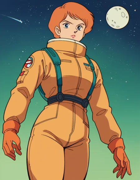 score_9, score_8_up, score_7_up, source_anime,
reccoalonde, <lora:reccoa-londe-anime-ponyxl-lora-nochekaiser:0.6>,
reccoa londe, short hair, orange hair, retro artstyle, 1980s \(style\), blue eyes,
gloves, pilot suit, helmet removed, spacesuit, orange spacesuit, orange gloves, orange pants,
outdoors, space, starry sky, moon,
looking at viewer, cowboy shot, solo, dutch angle,