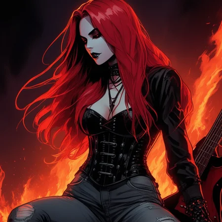 Gothic style <lora:Gothicanimegirls:1>A gothic bassist in a recording studio thatâs engulfed in flames, yet untouched by the heat. Sheâs wearing a corset with metallic accents and ripped jeans, her long crimson hair glowing against the fiery background. The shot is a close-up of her intense expression as she plucks the strings, with the camera angled slightly above her. . Dark, mysterious, haunting, dramatic, ornate, detailed