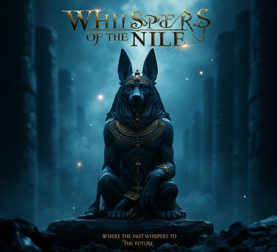 <lora:Dark_Fantasy_Anime-000021.safetensors:1> intricately textured, with subtle shadows cast, capturing light in a lifelike manner. glint subtly in the diffused light filtering, the surrounding environment is meticulously detailed
Title: "Whispers of the Nile"
Movie Poster Layout: The central focus is a majestic Anubis statue, crafted from smooth, dark metal or stone. The statue is seated, with its gaze fixed forward, exuding an air of regal mystery. Anubis is adorned with ornate, gold-accented accessories and a matching headdress, each detail meticulously rendered to highlight the craftsmanship. The background is a softly blurred, glowing blue expanse, creating a depth of field that draws the viewer's eye to the statue's intricate features and celestial aura. The title "Whispers of the Nile" is positioned at the top of the poster in elegant, hieroglyphic-inspired lettering, with a subtle gold trim that complements the statue's adornments. At the bottom, the tagline reads, "Where the past whispers to the future," in a more understated, italicized font. The overall color scheme is a blend of deep blues, rich golds, and dark, metallic tones, creating an atmosphere of ancient mystique and timeless allure. This layout is perfect for a genre that combines elements of mystery, mythology, and historical fantasy.