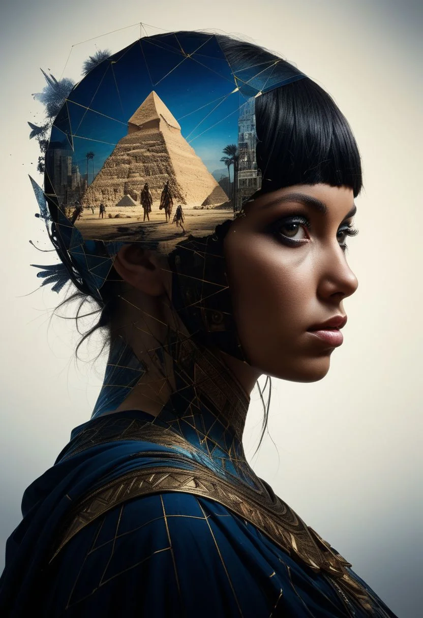 mysterious silhouette cleopatra in cape, pyramids, goddess, alluring, by Minjae Lee, Carne Griffiths, Emily Kell, Steve McCurry, Geoffroy Thoorens, Aaron Horkey, Jordan Grimmer, Greg Rutkowski, amazing depth, double exposure, surreal, geometric patterns, intricately detailed, bokeh, perfect balanced, deep fine borders, artistic photorealism , smooth, great masterwork by head of prompt engineering <lora:add-detail-xl:2> <lora:Double_Exposure:0.5>